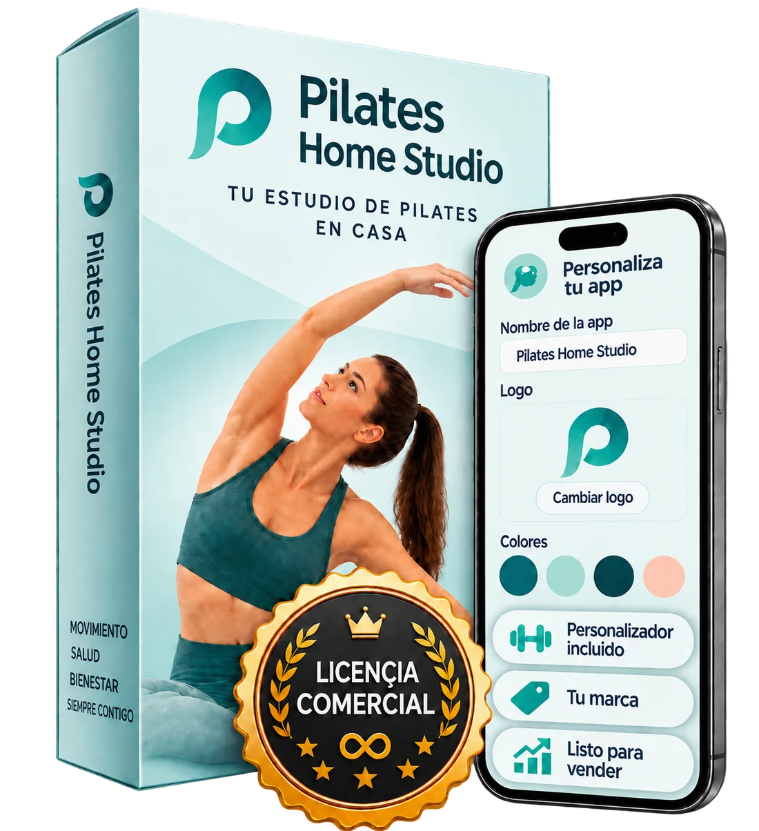 Caja del producto Pilates Home Studio con sello de licencia comercial y la aplicación en el celular