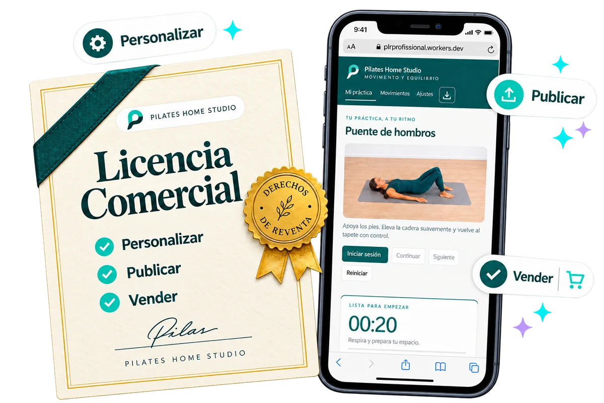 Certificado de licencia comercial del Pilates Home Studio junto a la aplicación en el celular